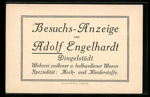 AK Dingelstädt, Besuchs-Anzeige von Weberei Adolf Engelhardt