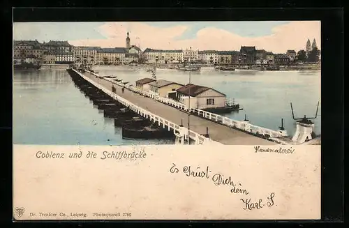 AK Coblenz, Schiffbrücke mit Blick zur Stadt