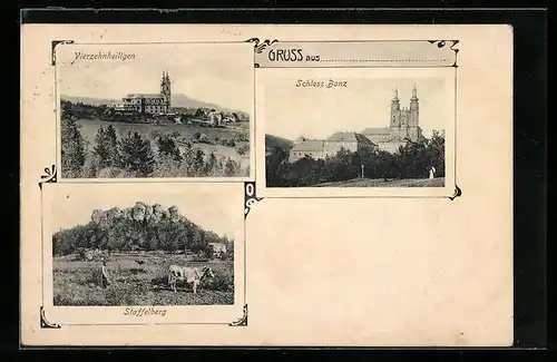 AK Vierzehnheiligen, Basilika mit Schloss Banz und Staffelberg