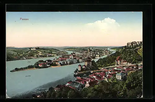 AK Passau, Totalansicht von einem Berg aus gesehen