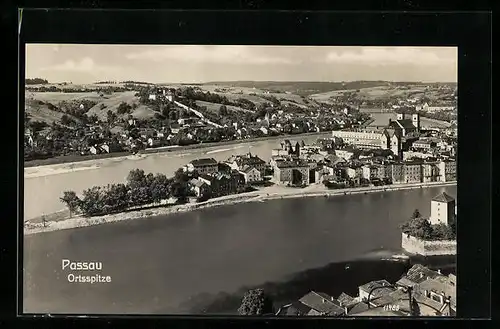 AK Passau, Ortsspitze aus der Vogelschau