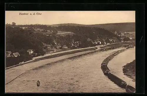 AK Diesbar a. d. Elbe, Totalansicht mit dem Fluss