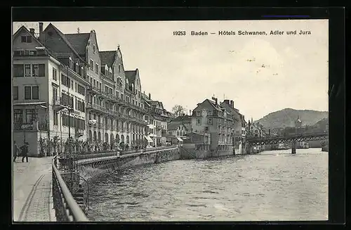 AK Baden, Uferpromenade mit den Hotels Schwanen, Adler und Jura