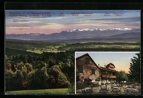 AK Baden, Gasthaus-Pension Baldegg ob Baden, Panorma vom Gasthaus aus gesehen mit Rigi und Titlis