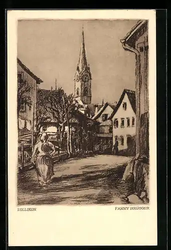 Künstler-AK Zollikon, Anwohnerin in einer Gasse mit Kirchblick