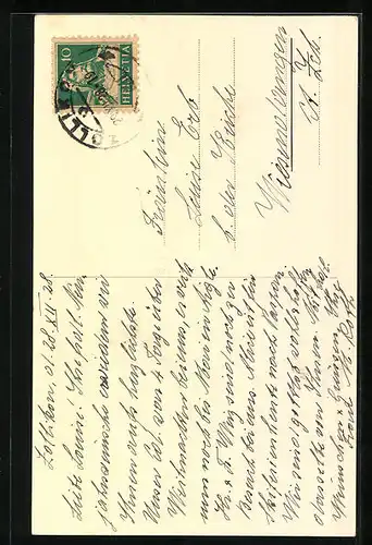 Künstler-AK Zollikon, Anwohnerin in einer Gasse mit Kirchblick