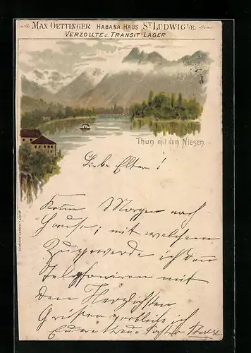 Lithographie Thun, Teilansicht mit Niesen