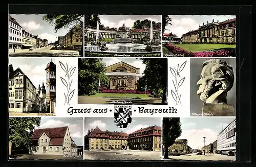 AK Bayreuth, Bahnhofstrasse, Eremitage, Festspielhaus, Wagner-Büste, Neues Schloss und Brautgasse