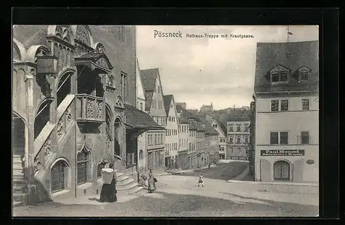 AK Pössneck, Rathaus-Treppe mit Krautgasse