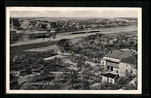 AK Seusslitz / Elbe, Ortsansicht aus der Vogelschau mit Gasthof Seusslitz