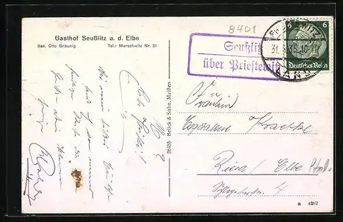 AK Seusslitz / Elbe, Ortsansicht aus der Vogelschau mit Gasthof Seusslitz