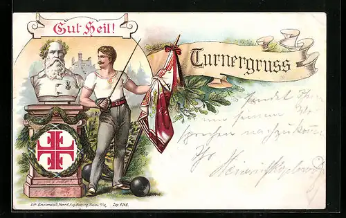 Lithographie Turner mit Fahne und Degen neben der Büste von Turnvater Jahn, Gut Heil