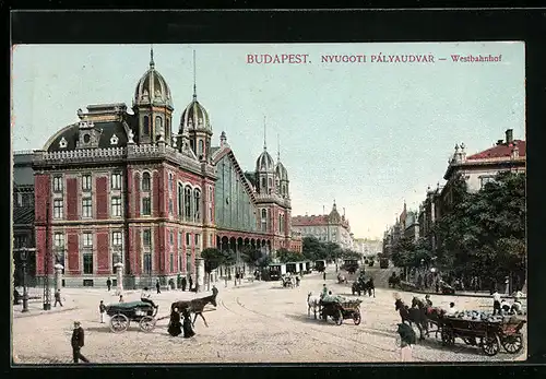 AK Budapest, Nyogoti Pályaudvr, Strassenbahnen vor dem Westbahnhof, Pferdegespanne