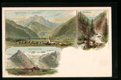 Künstler-AK sign. H. Heerbriex: Mayrhofen im Zillerthal, Hotel Berlinerhütte, Karlsteg, Teilansicht