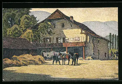 Künstler-AK Ernst E. Schlatter: Bauernhof im Kestenholz