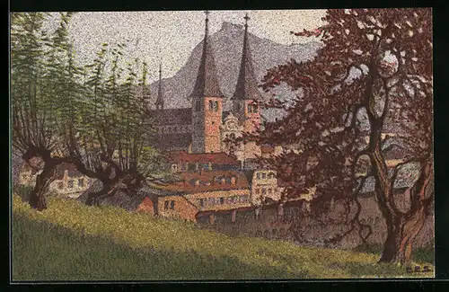 Künstler-AK Ernst E. Schlatter: Luzern, Hofkirche gegen die Rigi