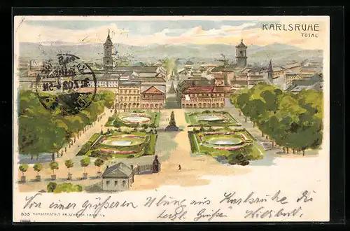 Lithographie Karlsruhe, Totale aus der Vogelschau
