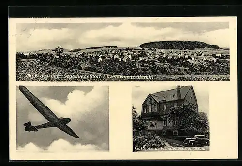 AK Hirzenhain / Dillkreis, Gasthaus Baum, Ortsansicht, Segelflugzeug