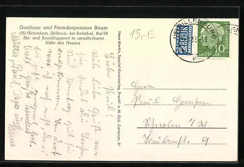 AK Hirzenhain / Dillkreis, Gasthaus Baum, Ortsansicht, Segelflugzeug