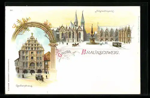 Lithographie Braunschweig, Gewandhaus, Altstadtmarkt im Winter