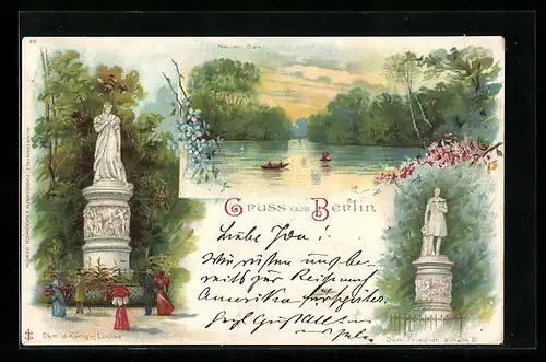 Lithographie Berlin-Tiergarten, Neuer See, Dkm. d. Königin Louise u. Friedrich Wilhelm III.