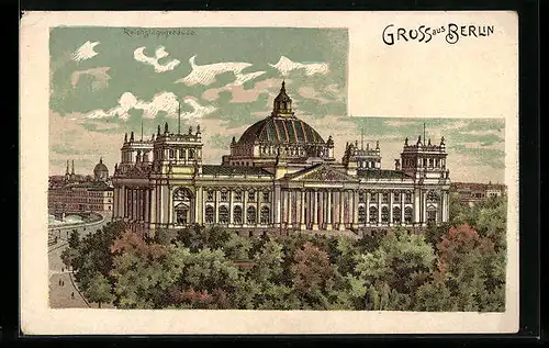 Lithographie Berlin-Tiergarten, Blick auf das Reichstagsgebäude