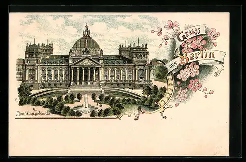 Lithographie Berlin-Tiergarten, Reichstagsgebäude mit Parkanlage