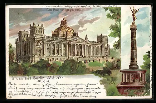 Lithographie Berlin-Tiergarten, das Reichtagsgebäude und die Siegessäule