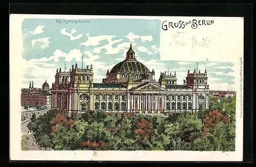Lithographie Berlin-Tiergarten, Blick auf das Reichstagsgebäude