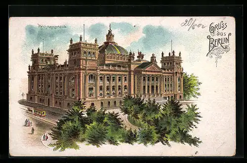 Lithographie Berlin-Tiergarten, Ansicht vom Reichstagsgebäude