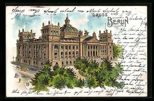 Lithographie Berlin-Tiergarten, Ansicht vom Reichstagsgebäude