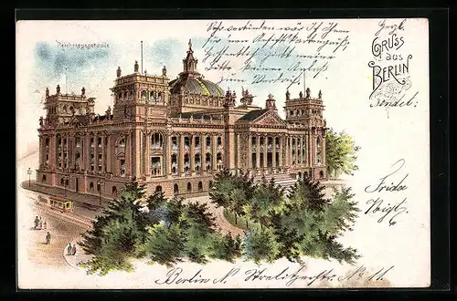 Lithographie Berlin-Tiergarten, Reichstagsgebäude mit Strassenbahn