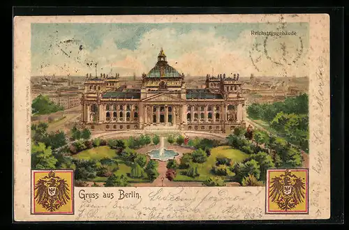 Lithographie Berlin-Tiergarten, Reichstagsgebäude aus der Vogelschau, Wappen