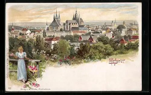 Lithographie Erfurt, Panoramablick auf die Stadt