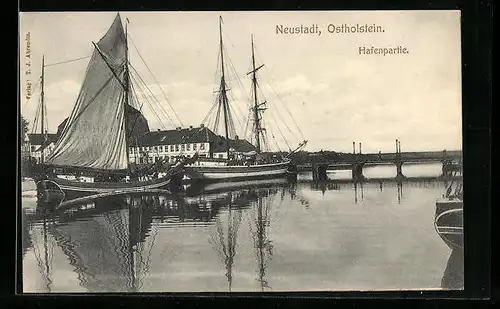 AK Neustadt i. Holst., Hafen mit Brücke und Segelbooten