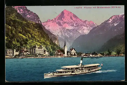 AK Flüelen, Gesamtansicht mit Bristenstock und Dampfer Uri