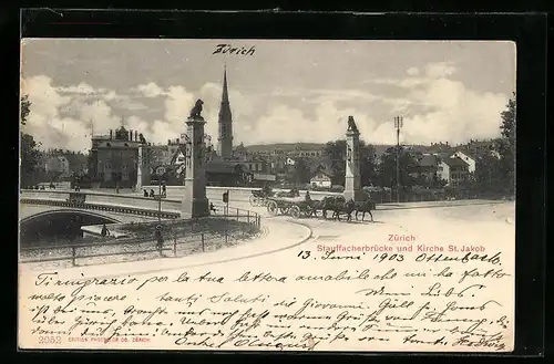 AK Zürich, Stauffacherbrücke und Kirche St. Jakob