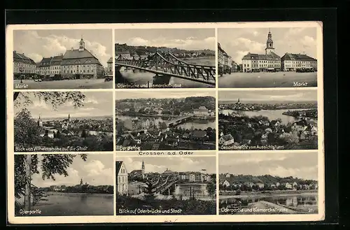 AK Crossen a. d. Oder, Gesamtansicht vom Aussichtsturm aus, auf dem Markt, Oderbrücke und Bismarckstrasse
