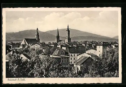 AK Neustadt O. Schlesien, Blick über die Stadt zu den Kirchen hin