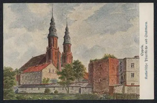 Künstler-AK Oppeln, Katholische Pfarrkirche und der Stadtturm