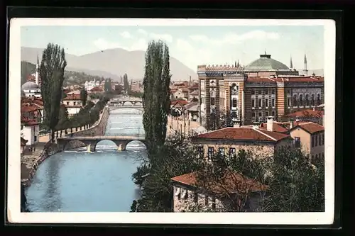 AK Sarajevo, Blick über die gesamte Stadt und den Fluss Miljacka