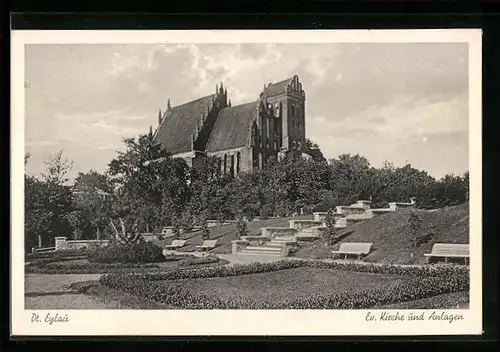 AK Dt. Eylau, Blick auf die Ev. Kirche und die Anlagen