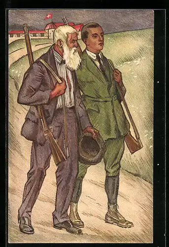 Künstler-AK Schützenfest, alter und junger mann mit Gewehr auf der Schulter