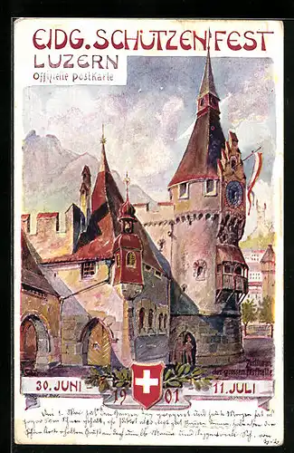 Künstler-AK Luzern, Eidgenössisches Schützenfest Juli 1911, Rathaus und Stadtwappen