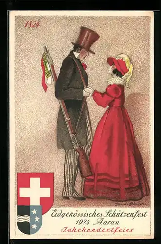 Künstler-AK Aarau, Eidgenössisches Schützenfest 1924, Jahrhundertfeier, Mann mit Gewehr, Schweizer Wappen