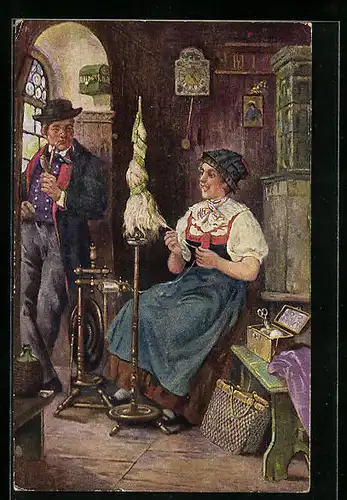 Künstler-AK Frau in Tracht am Spinnrad in der Stube