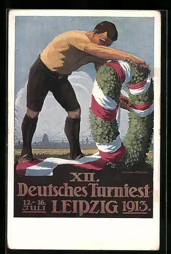 Künstler-AK Leipzig, XII. Deutsches Turnfest Juli 1913, Mann mit Siegerkranz