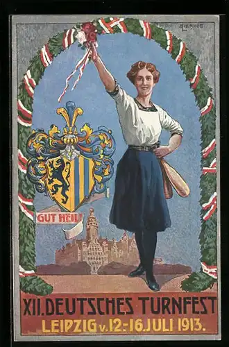 Künstler-AK Leipzig, 12. Deutsches Turnfest Juli 1913, Dame in Tracht mit Wappen, Gut Heil