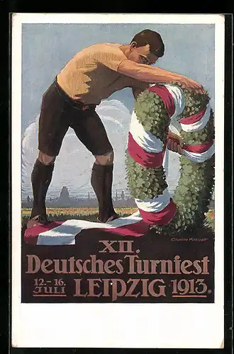 Künstler-AK Leipzig, 12. Deutsches Turnfest Juli 1913, Sportler mit Siegeskranz