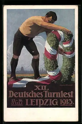 Künstler-AK Leipzig, 12. Deutsches Turnfest Juli 1913, der Sportler mit seinem Siegeskranz